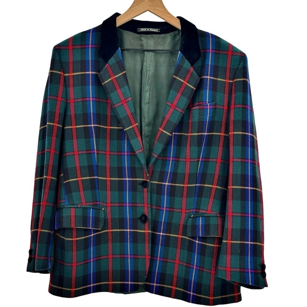 Vintage Women's Blazer Scotch House Wool Cashmere Holiday Plaid Velvet Trim | L